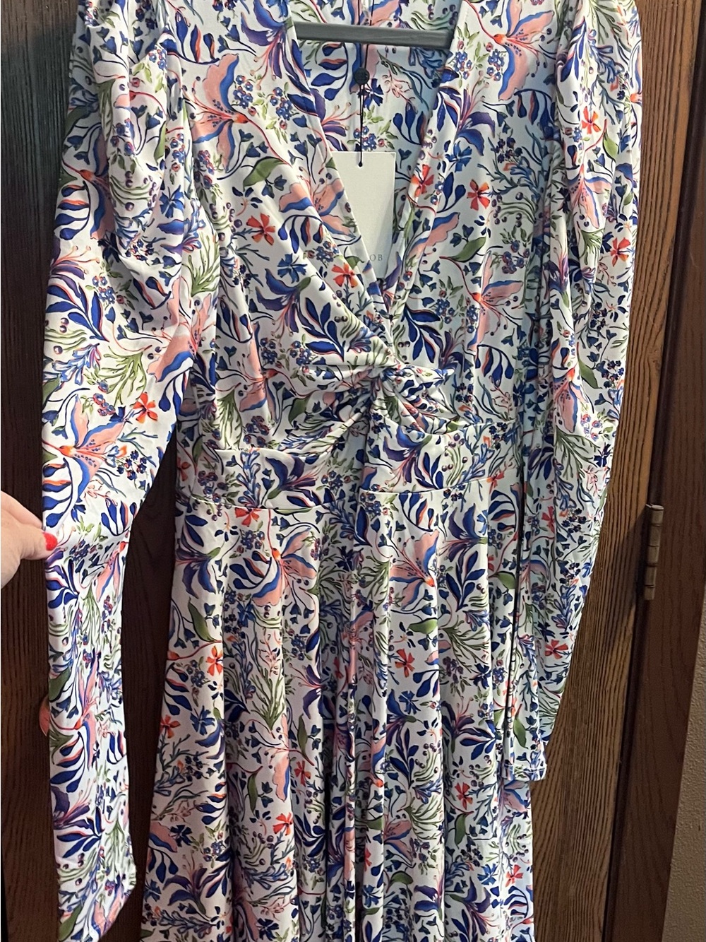 Hale Bob Ivory White Multi Floral Twist-Front Long Sleeve Dress